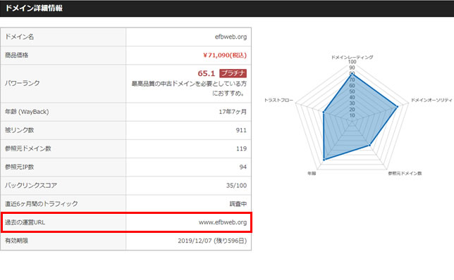 アクセス中古ドメインでの「efbweb.org」販売ページ