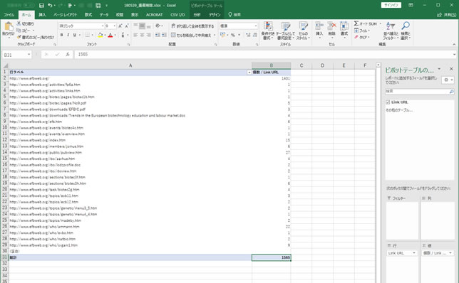 「www.efbweb.org」の被リンク一覧をピボットテーブルで整理